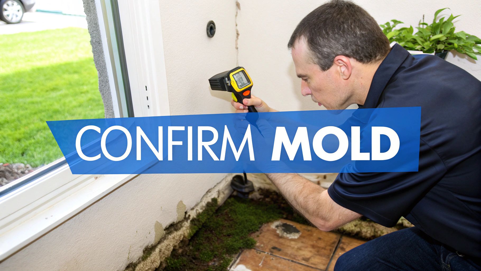 A man uses a moisture meter to inspect a wall for mold near a window, with visible moss and peeling paint.