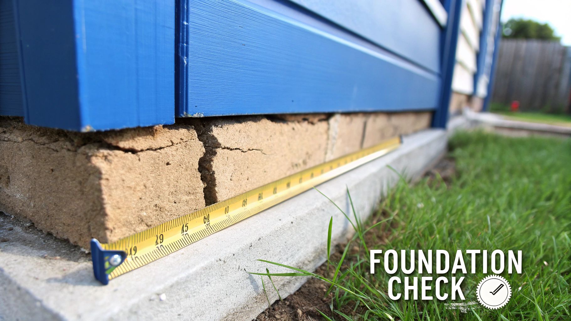 Close-up of a house foundation with visible cracks in the bricks, blue siding, and a measuring tape.