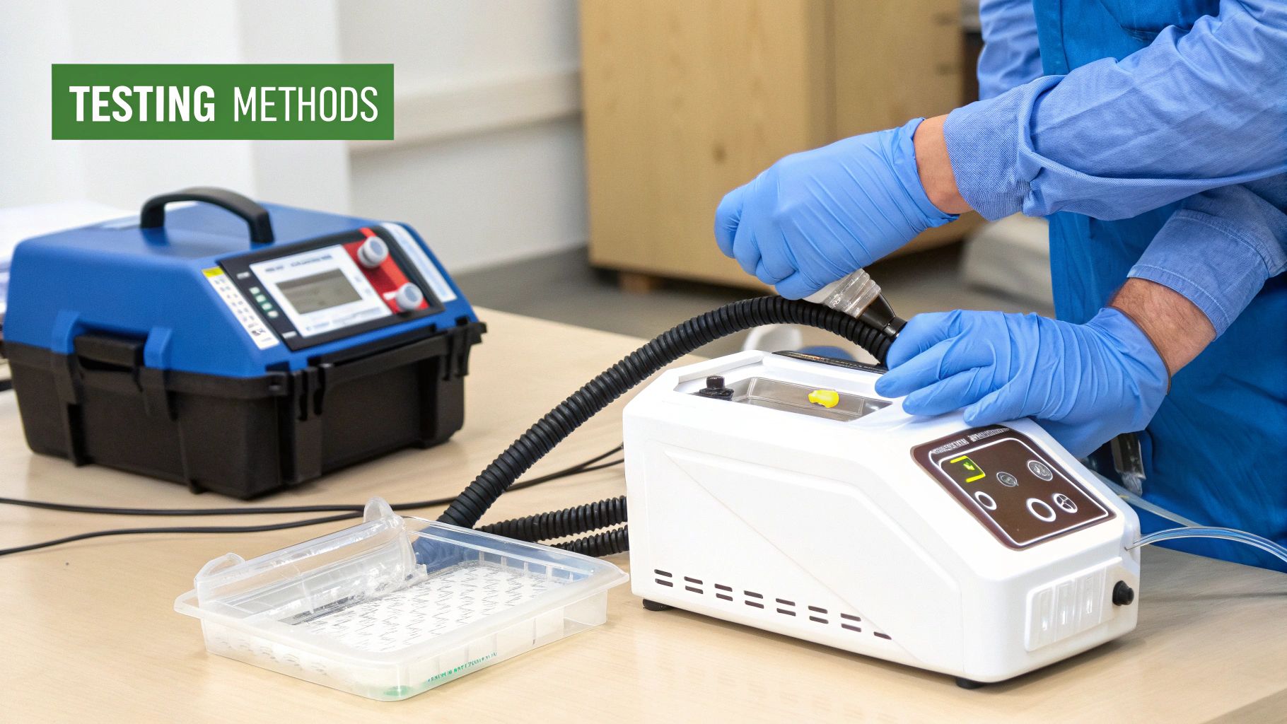 A person in blue gloves operates white and blue scientific instruments on a table, performing air quality tests.