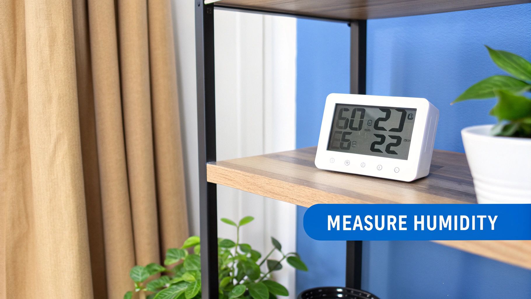 A digital hygrometer on a wooden table showing the current humidity and temperature, with a blurred living room in the background.