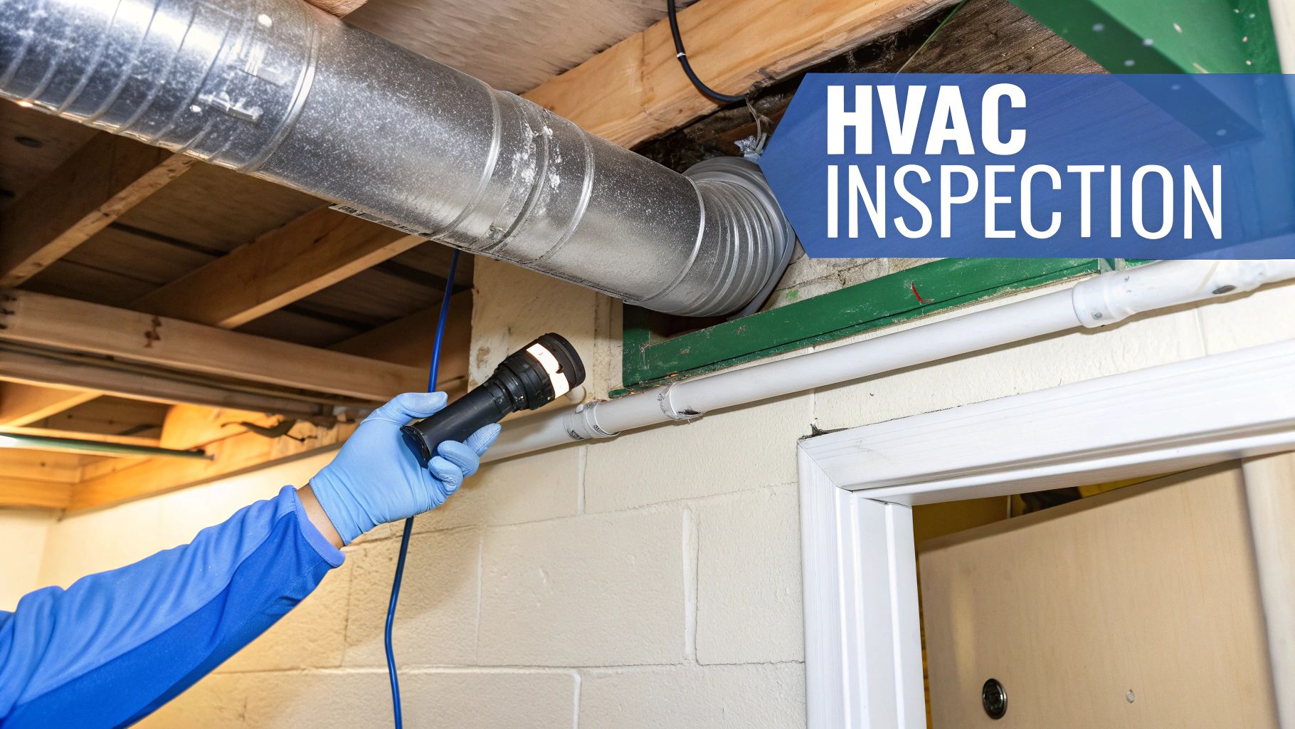 A technician wearing a blue glove uses a flashlight to inspect HVAC ductwork in a home.