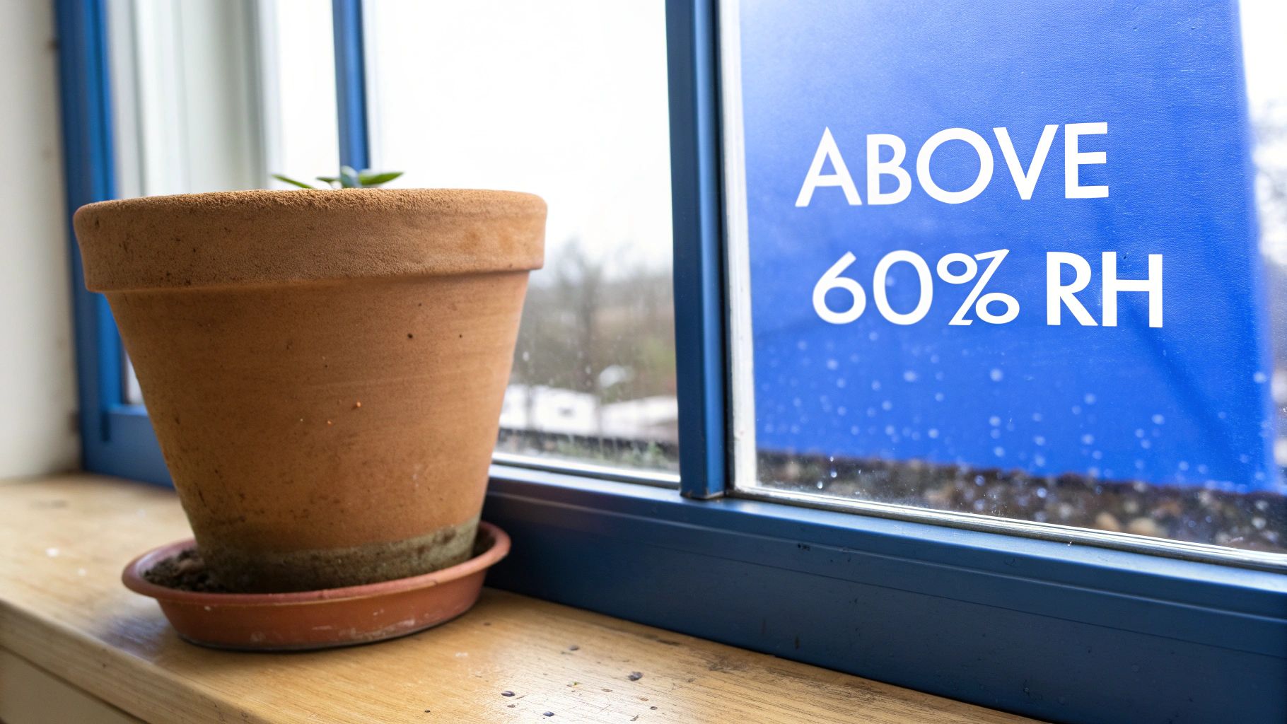 A close-up of a hygrometer showing the humidity level in a room.