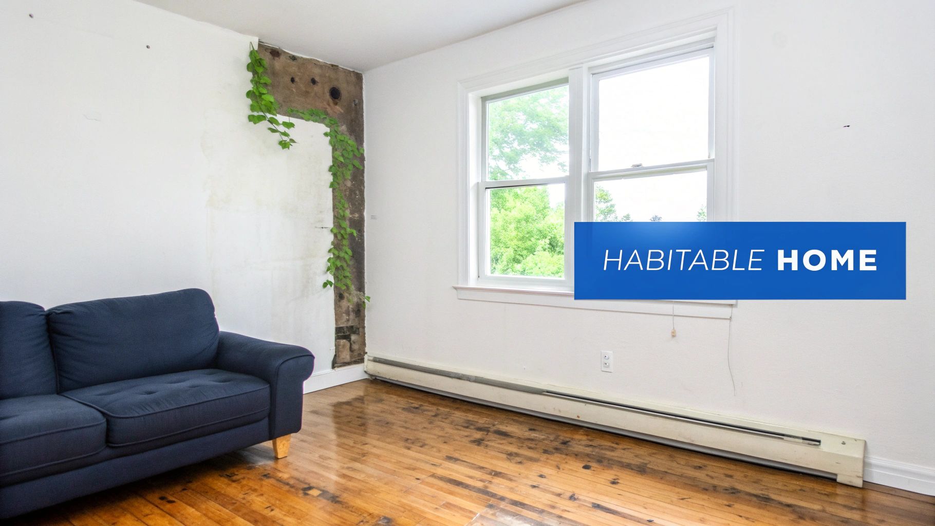 A room with a blue sofa, hardwood floor, window, and a wall showing exposed damage with green vines.