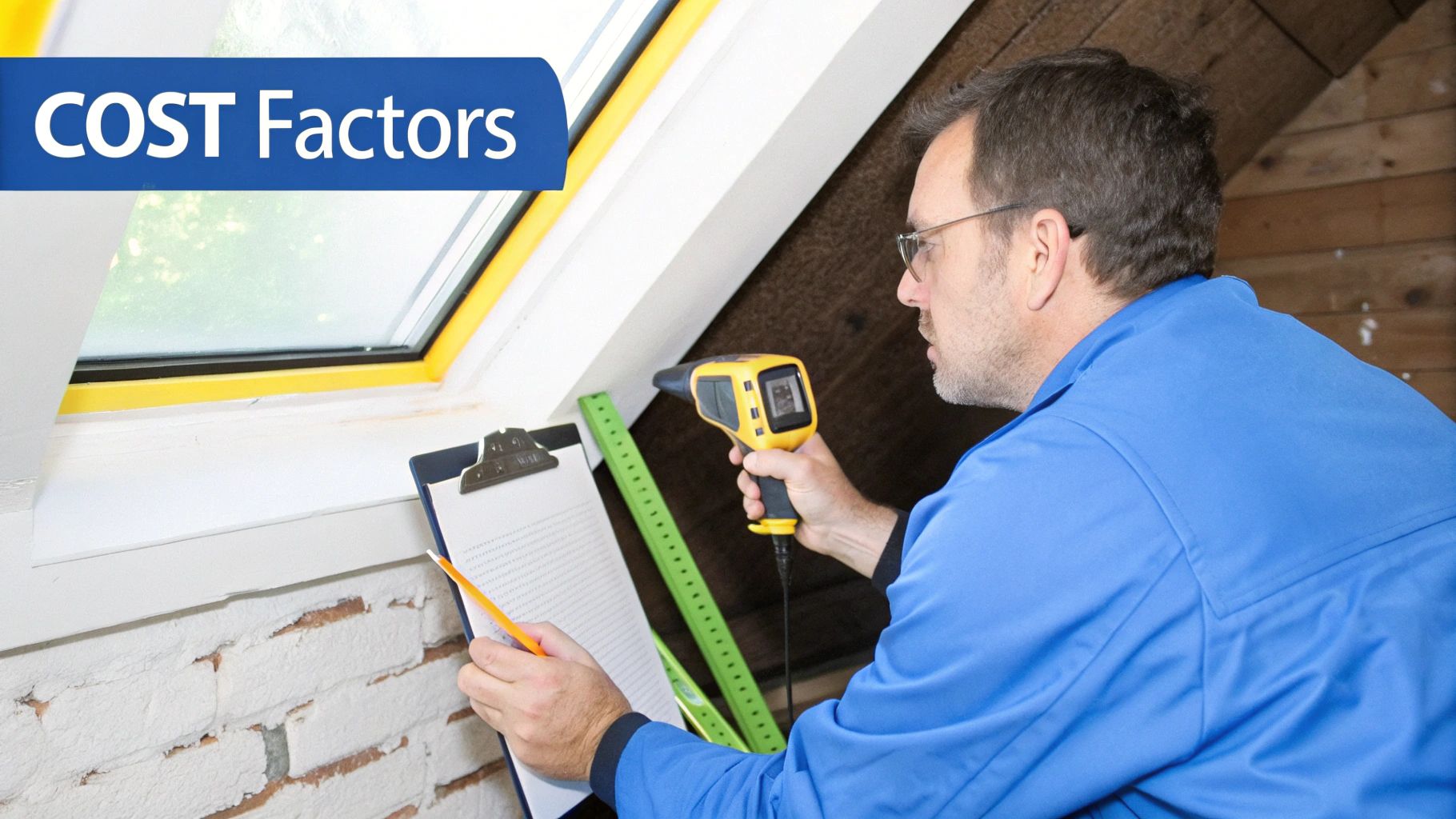 Inspector using a thermal camera and clipboard to examine a window for COST Factors.