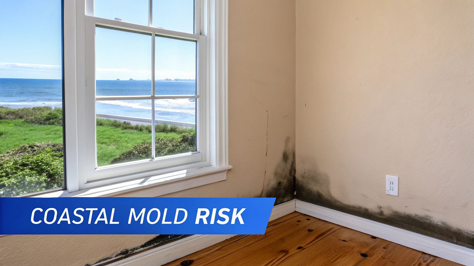Severe black mold growth on interior walls of a room with an ocean view, indicating coastal mold risk.