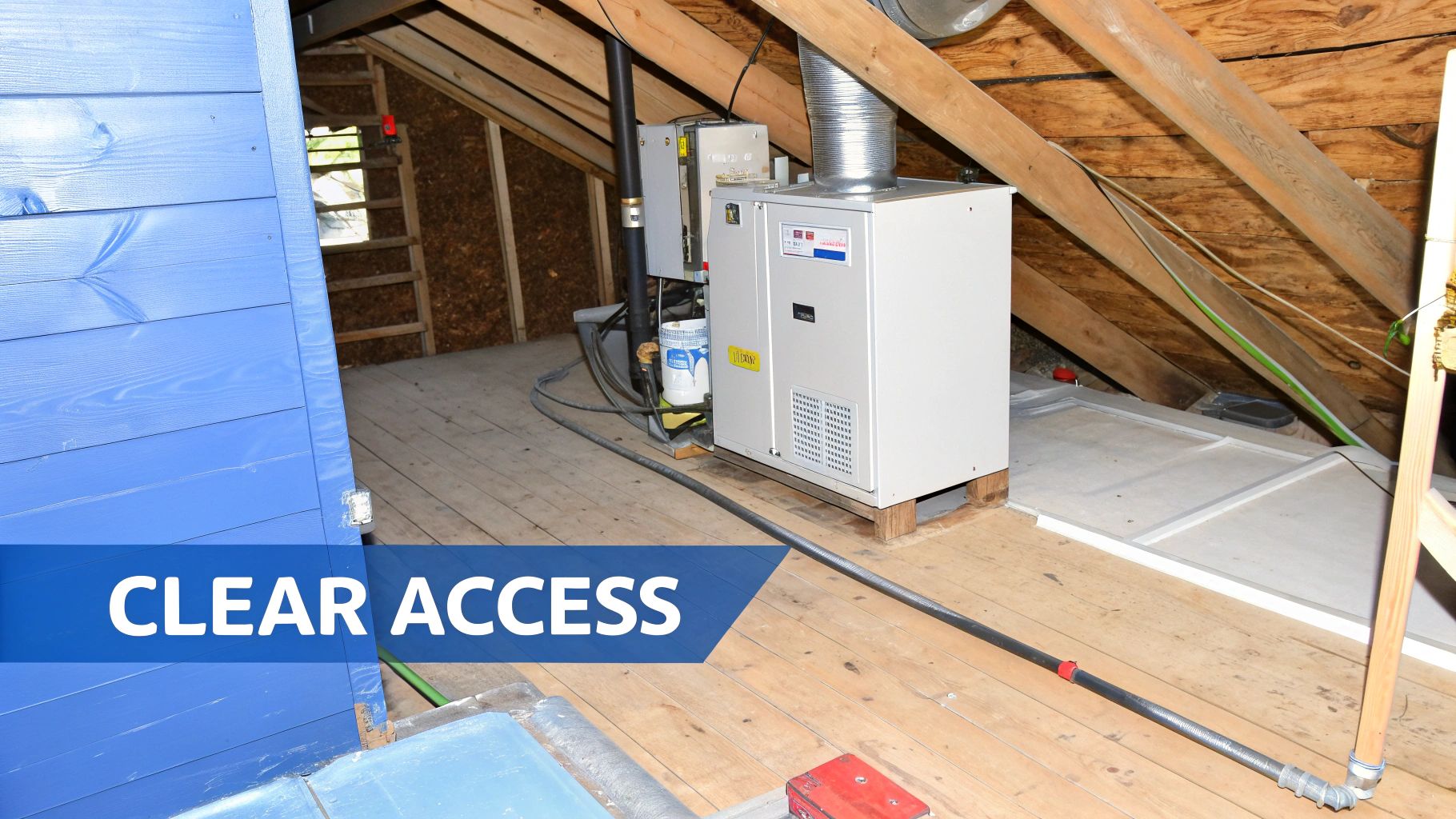 An attic or utility space with a furnace unit, exposed wooden beams, and floorboards.