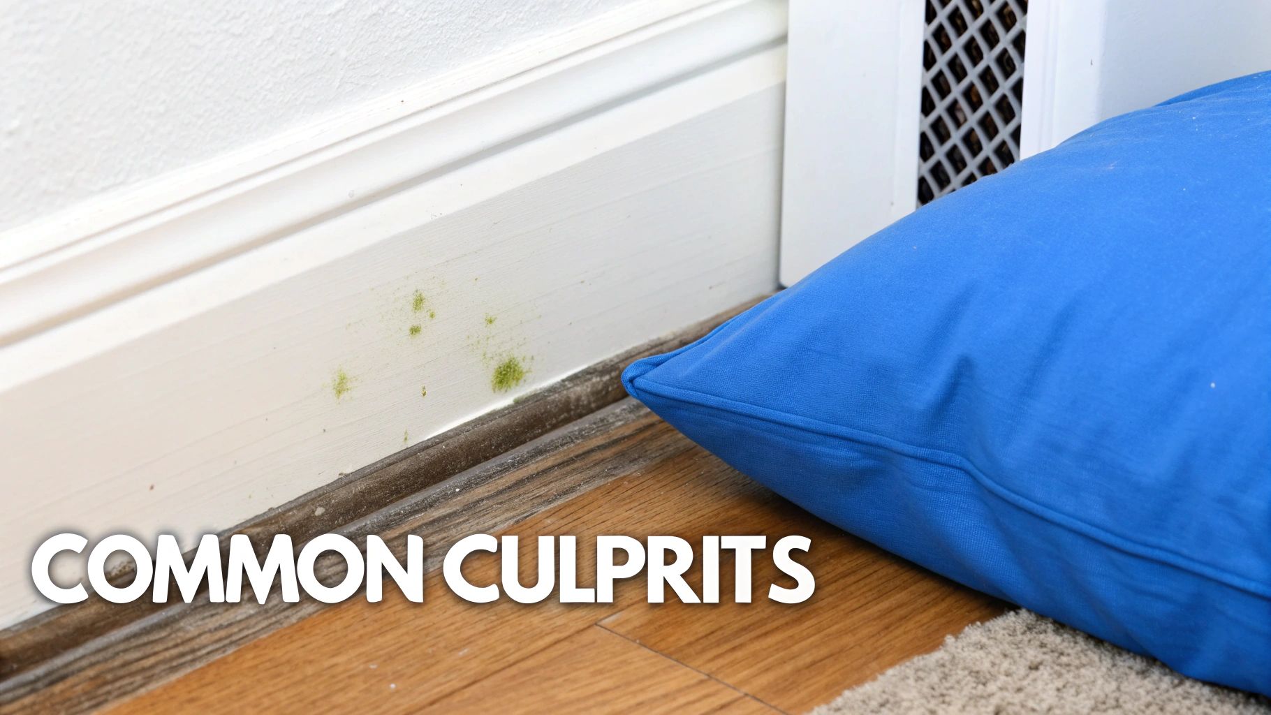Green mold or mildew growing on a white baseboard and wall next to a blue pillow and wooden floor.