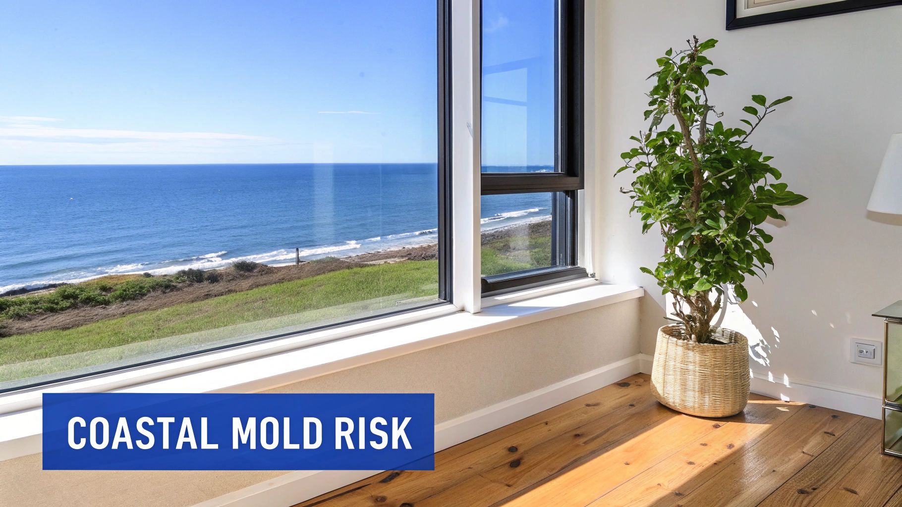 A bright room with a large window overlooking the ocean and coastline, featuring a houseplant.