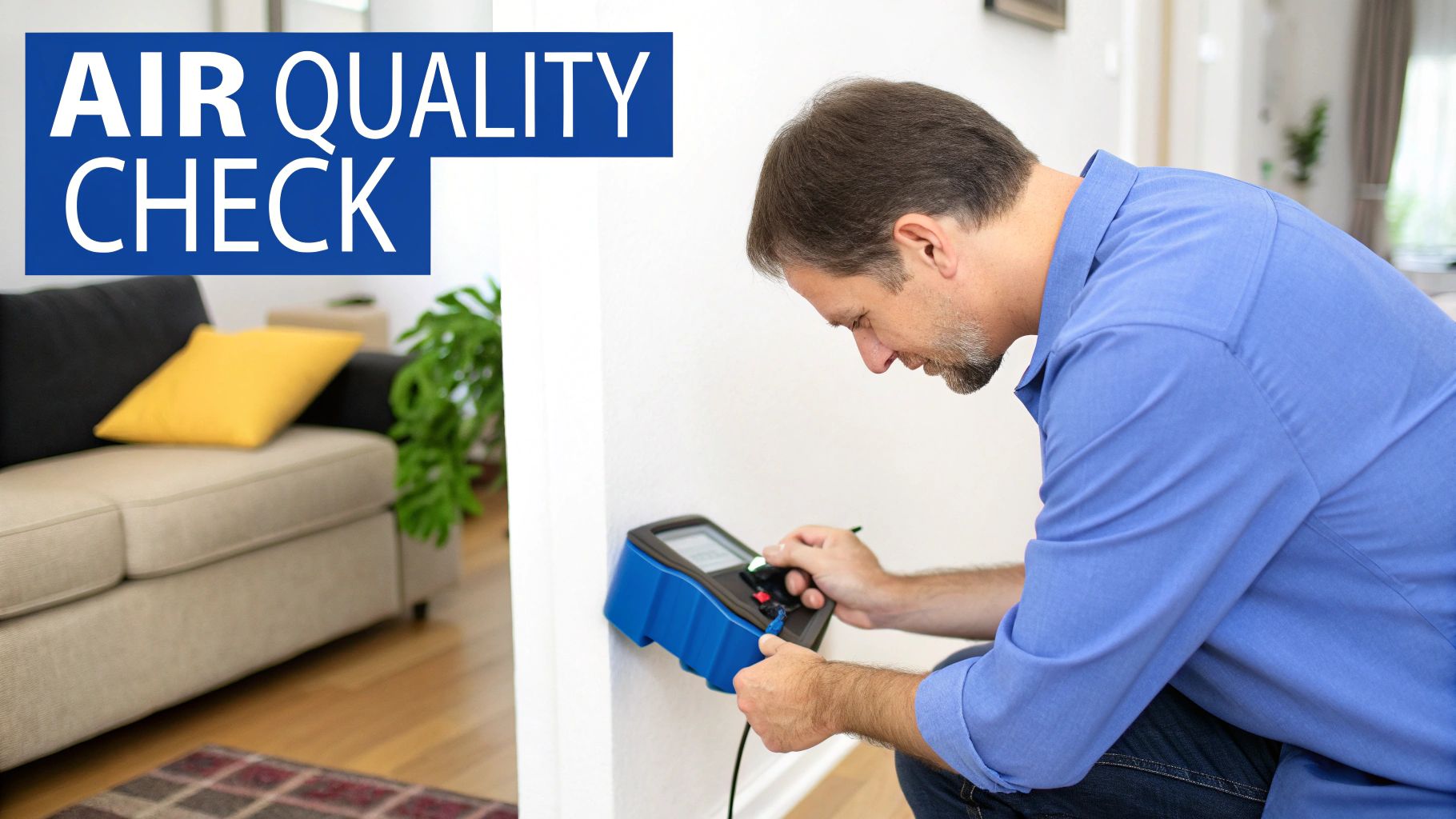 Professional performing an air quality check in a home living room using a detector.