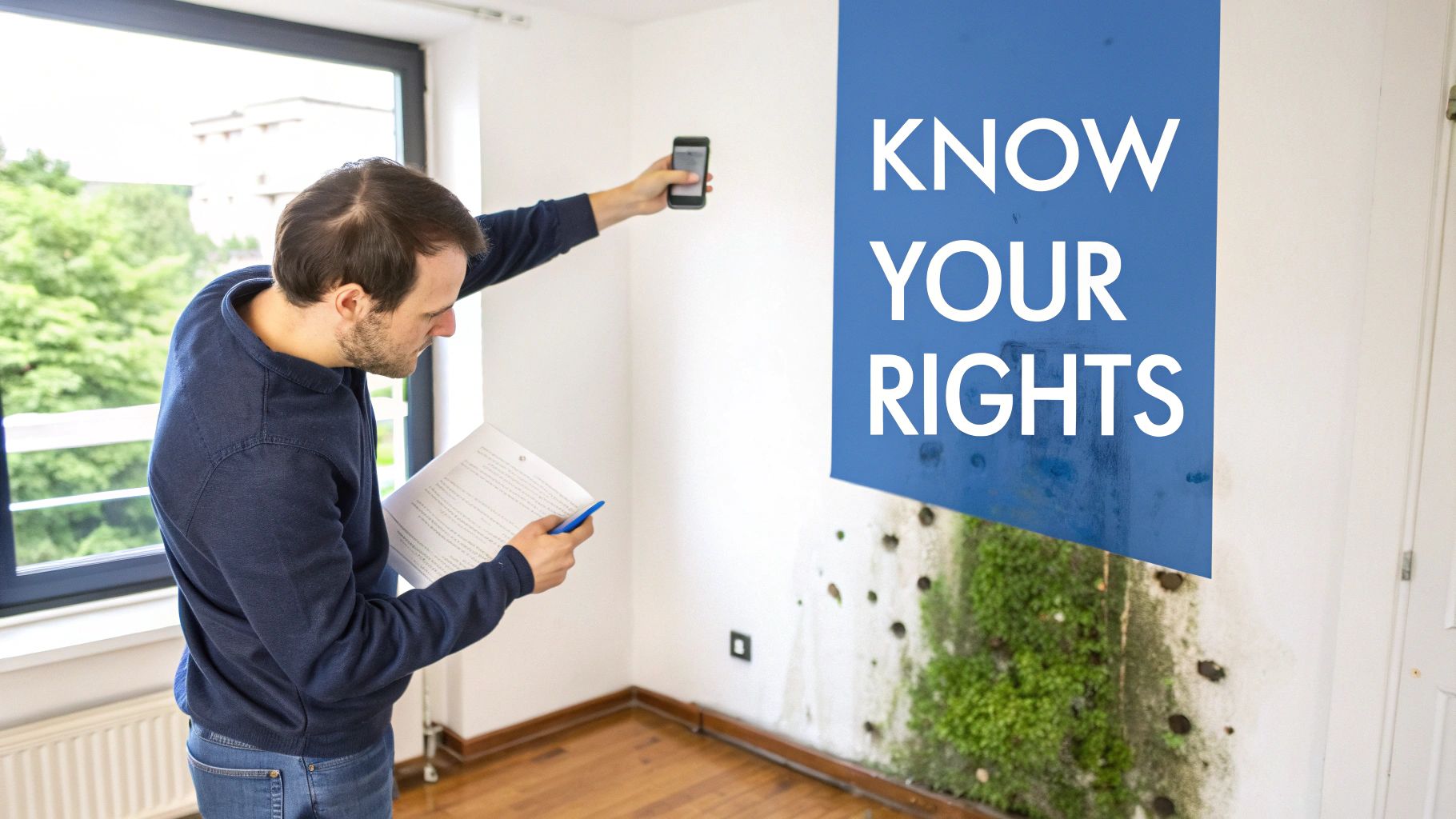 A man documents a severely moldy wall with his smartphone while holding a document, under a 'Know Your Rights' sign.