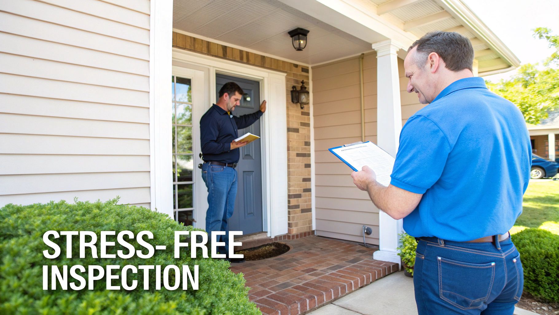 Two home inspectors reviewing documents during a stress-free inspection outside a residential house.