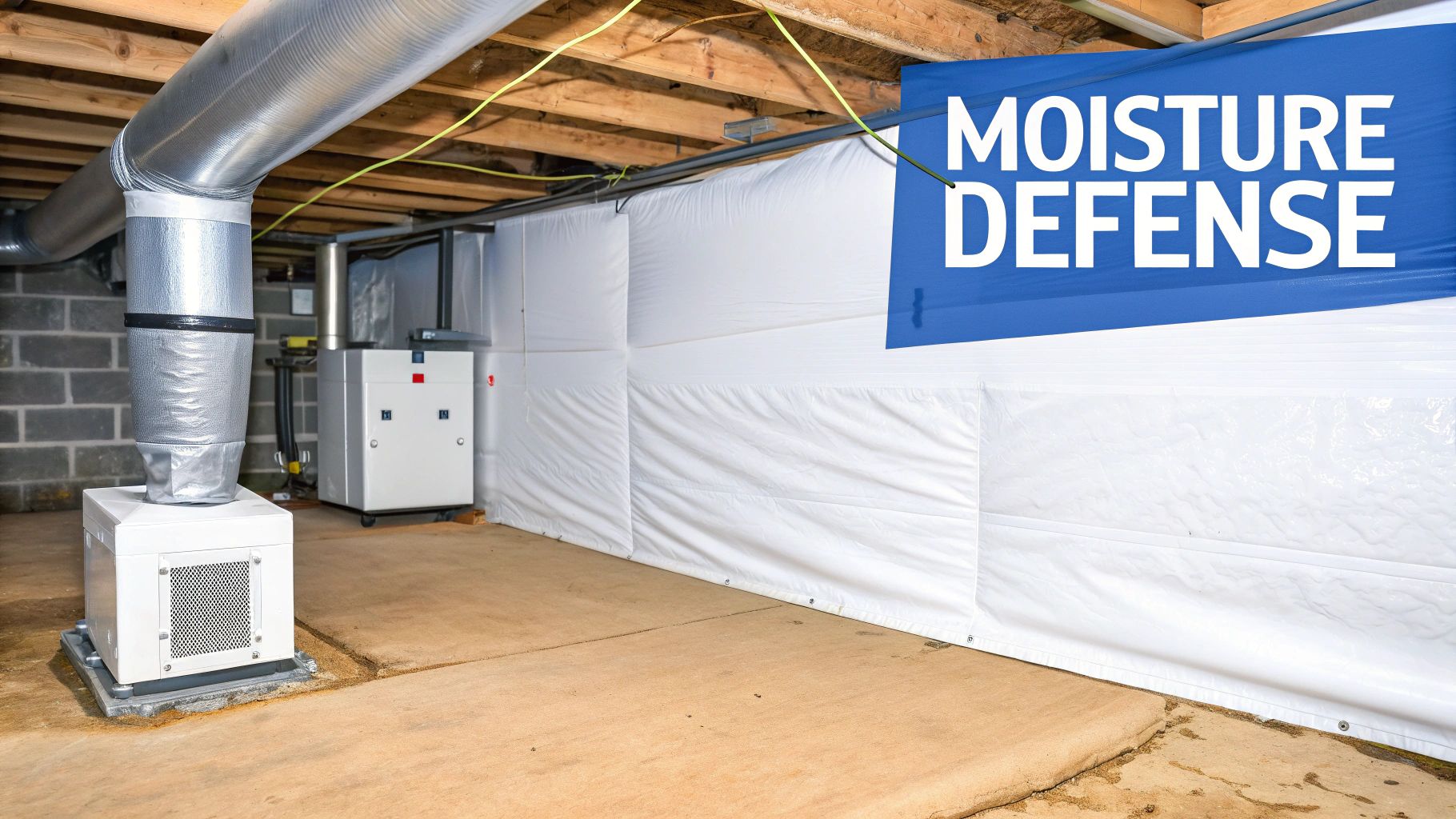 A clean encapsulated crawl space with a white vapor barrier, dehumidifier, and ductwork for moisture defense.