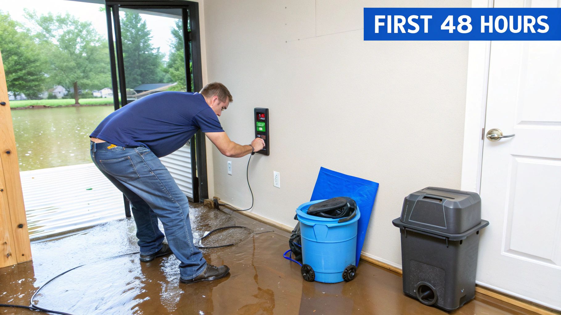 A man in a flooded room operates a wall-mounted device, addressing immediate water damage with outdoor water visible.