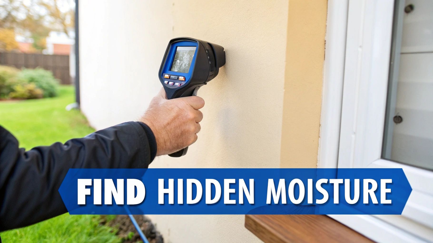 A person uses a handheld thermal imaging camera on a house wall to detect hidden moisture.