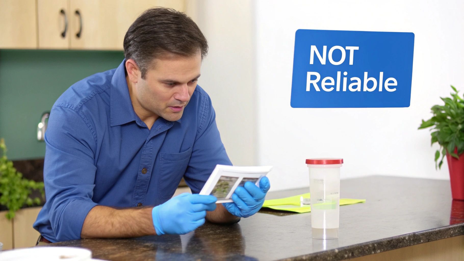 A man in blue gloves carefully reviews a document next to a clear container and "NOT Reliable" sign.