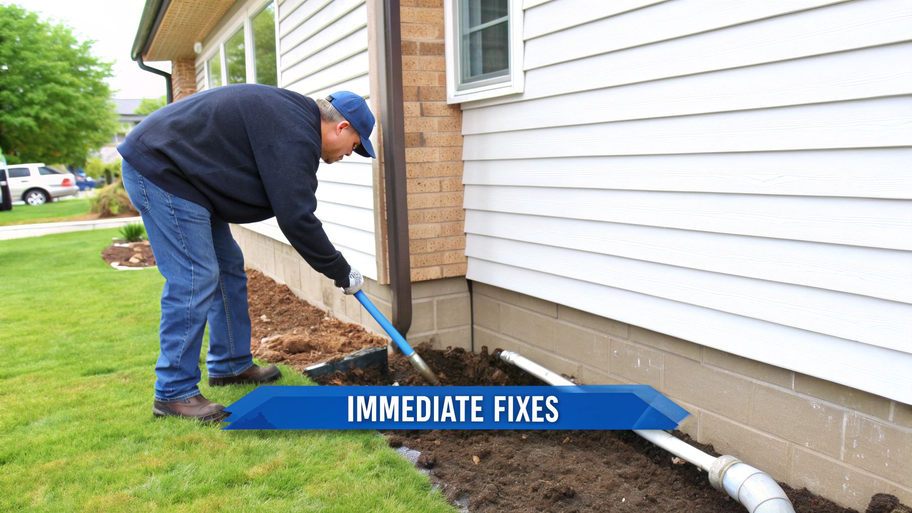 A man in work clothes digs near a house foundation with a shovel, possibly working on drainage.