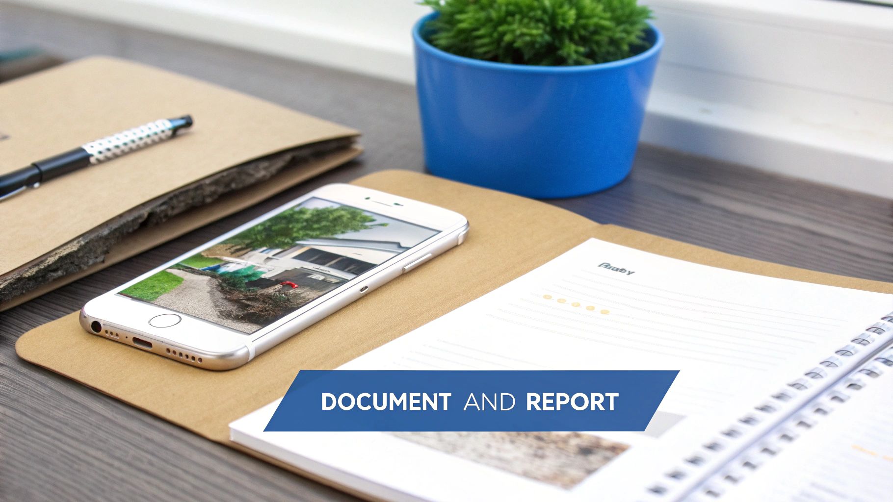 A smartphone displays a house photo on a desk with notebooks, a pen, and a green plant.