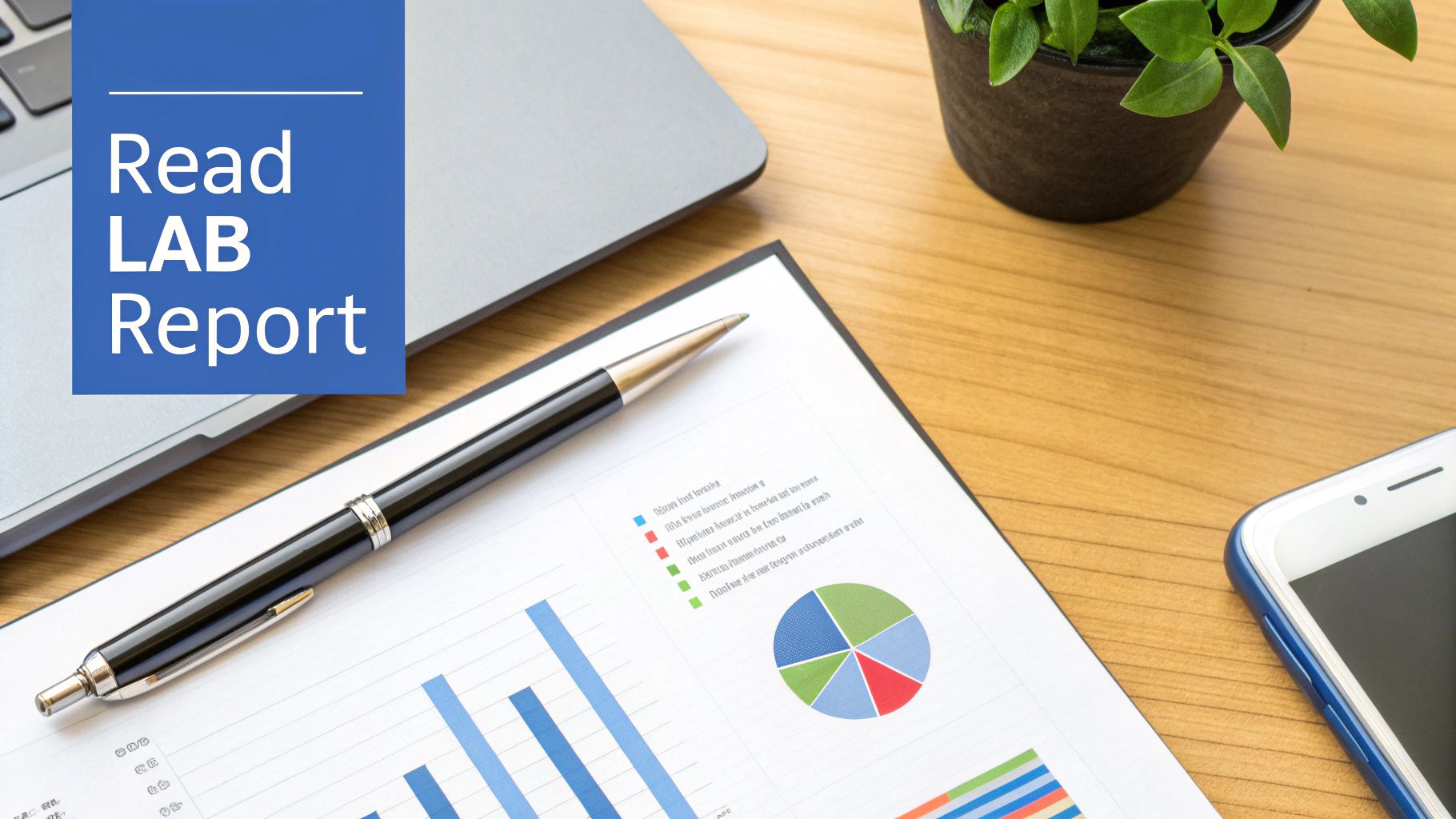 A desk with a laptop, pen on a report with charts, a plant, and a phone, showing 'Read LAB Report'.