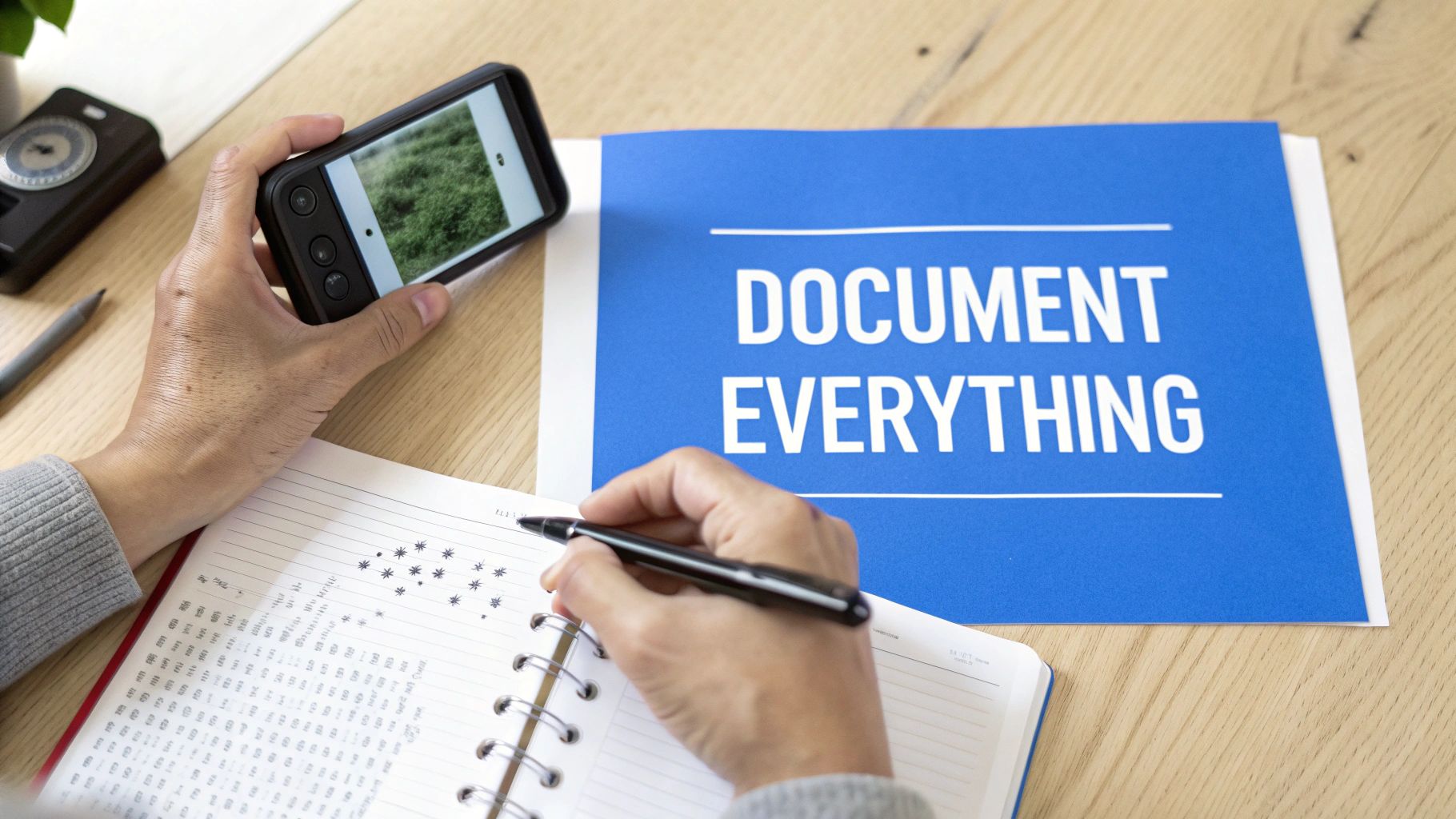 A person's hands are shown, one holding a smartphone, the other writing in a notebook next to a 'DOCUMENT EVERYTHING' sign.