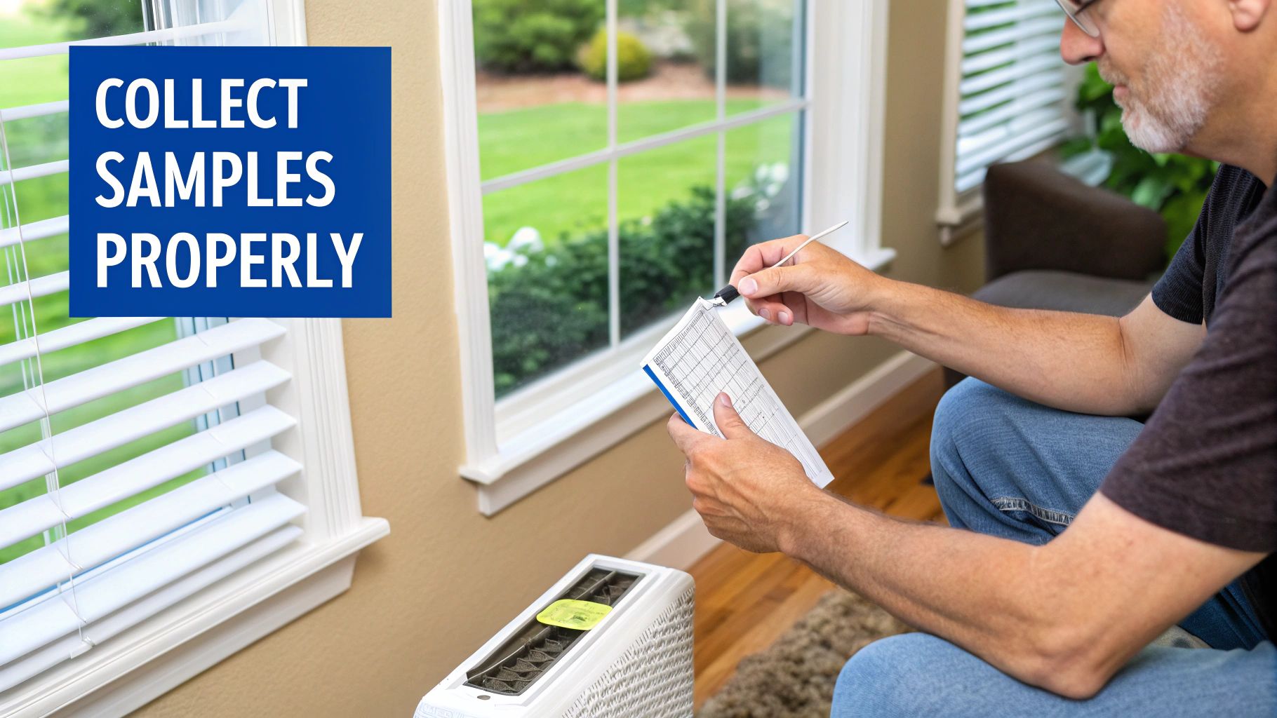 A person wearing gloves carefully collects a sample with a DIY mold test kit.