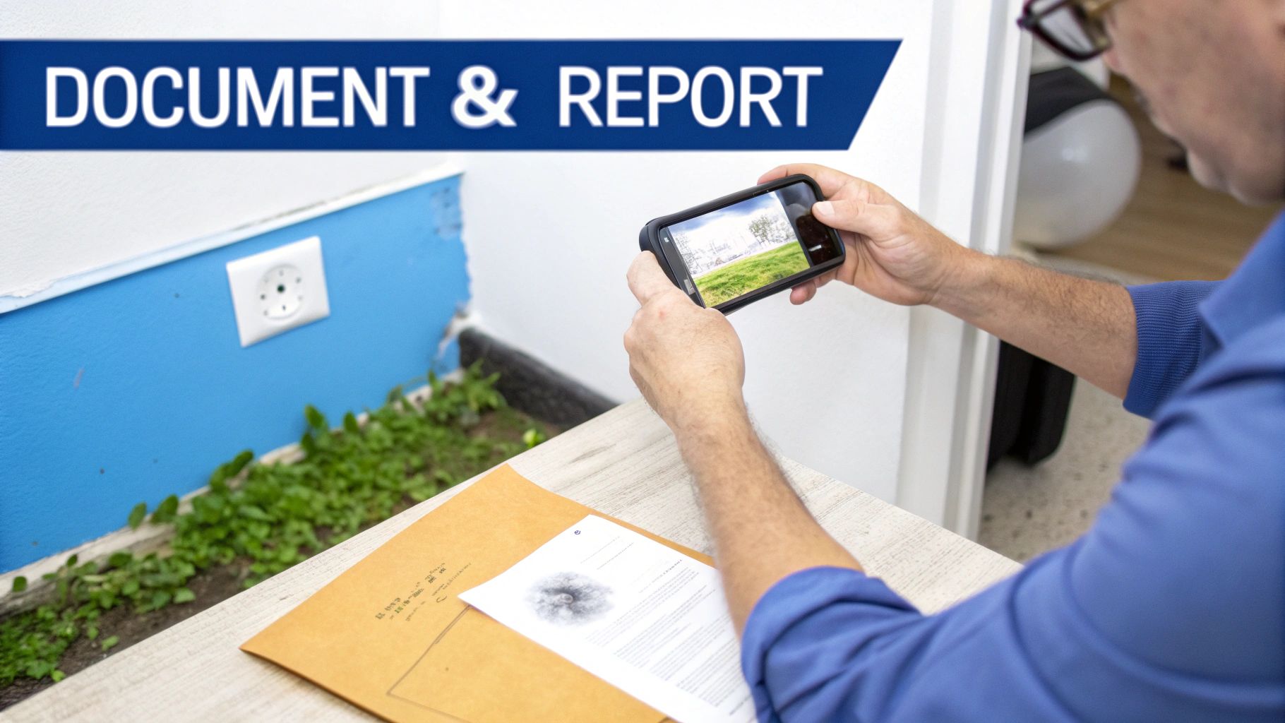 A person uses a smartphone to take a photo, with documents on a desk and green plants nearby.