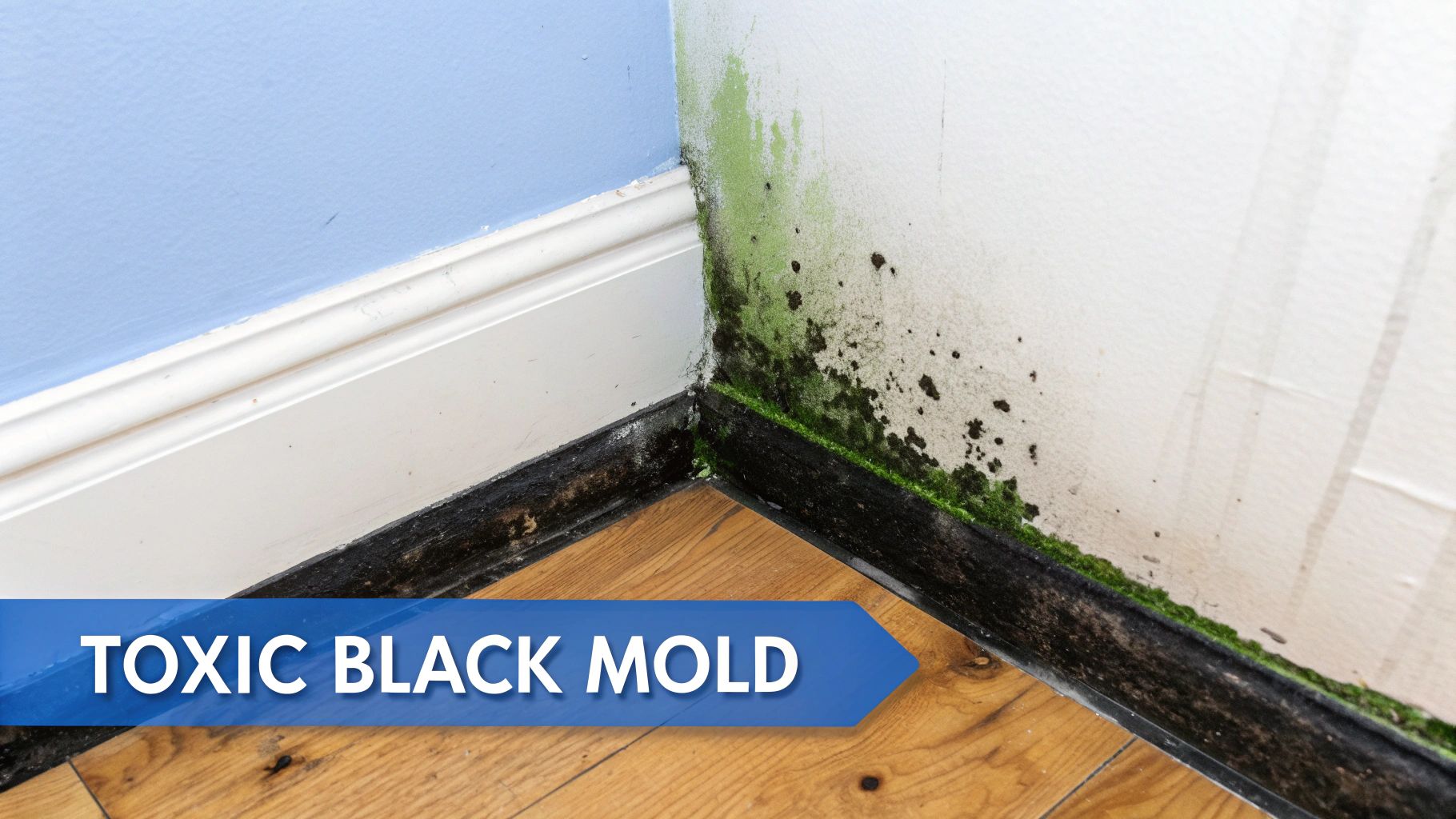 Corner of a room with severe green and black mold growth on walls and baseboards.