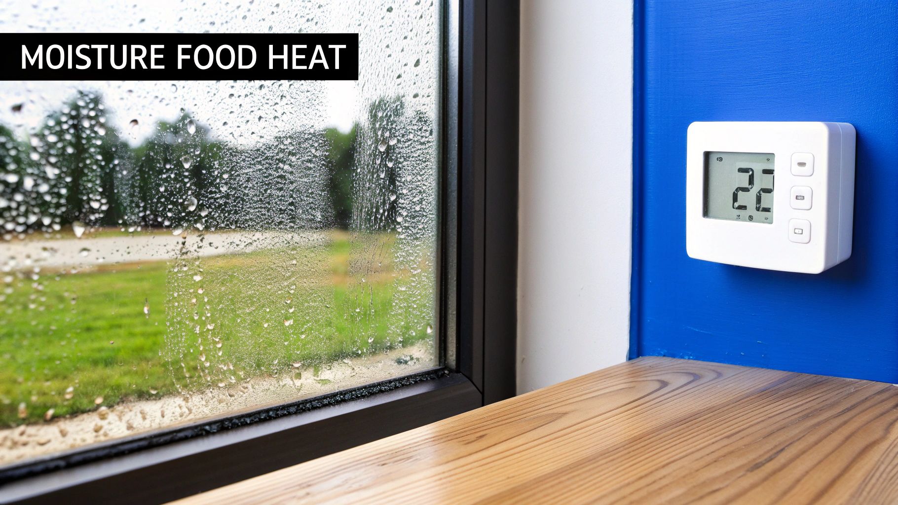 Close-up of a window with rain droplets, showing moisture and a thermostat set to 22 degrees.