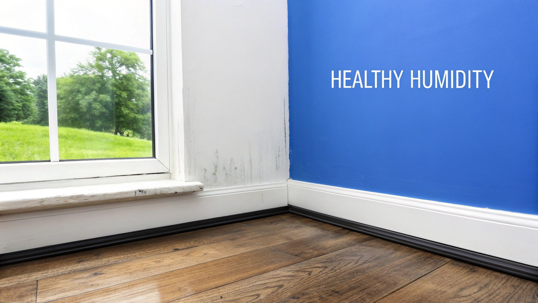 A modern living room with a dehumidifier running quietly in the corner, showing a comfortable and controlled indoor environment.