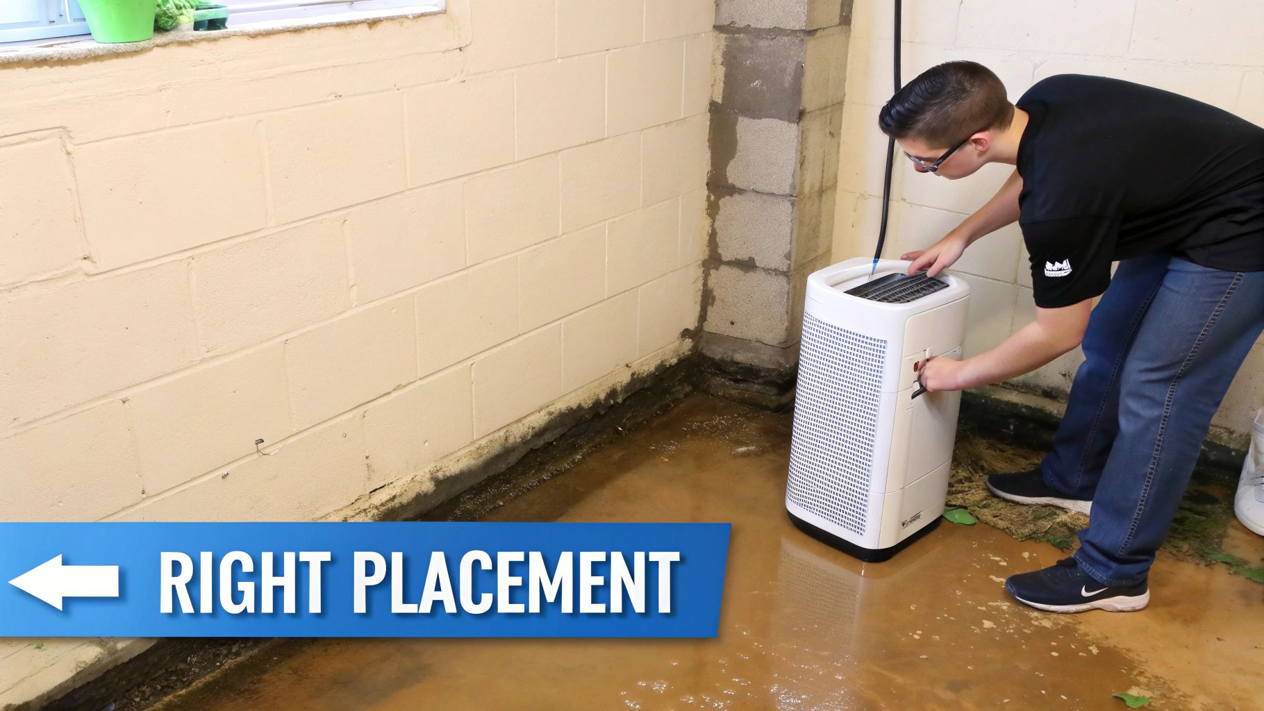 A person adjusts a white air purifier in a damp basement, illustrating correct placement for mold prevention.