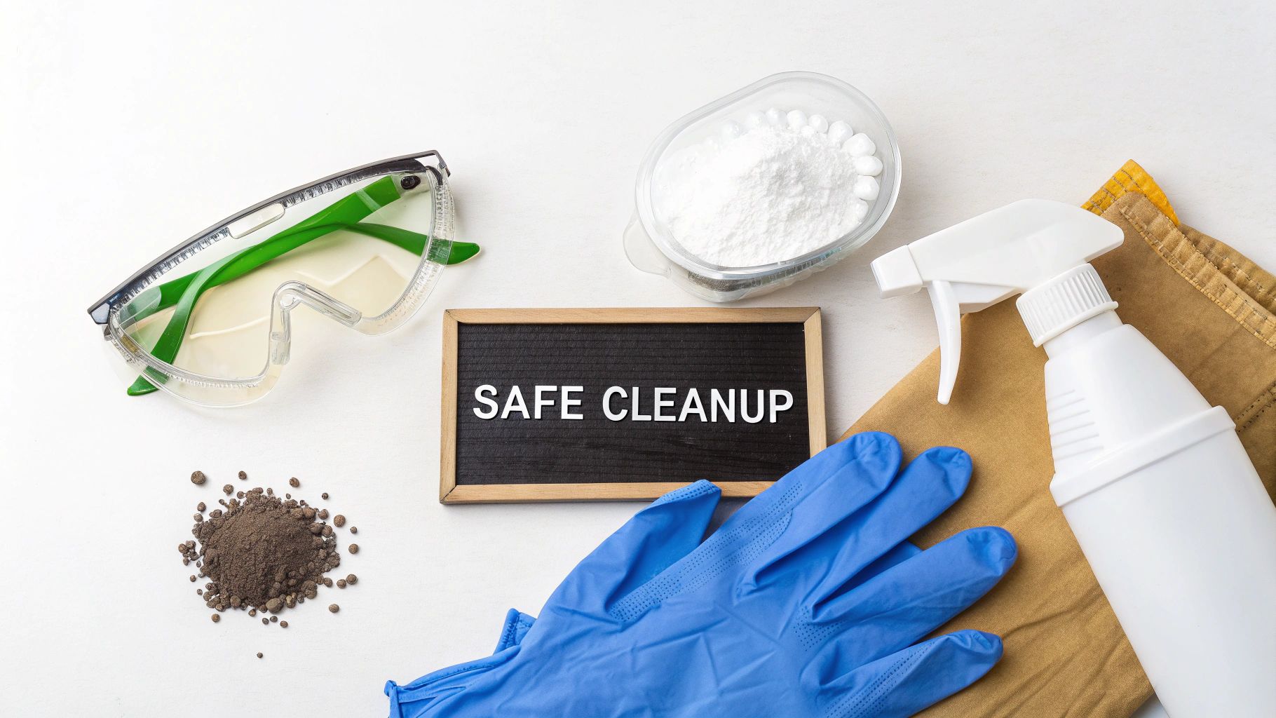 A person wearing safety gear, including an N95 mask, gloves, and eye protection, carefully cleans a small patch of mold on a wall with a spray bottle and cloth.