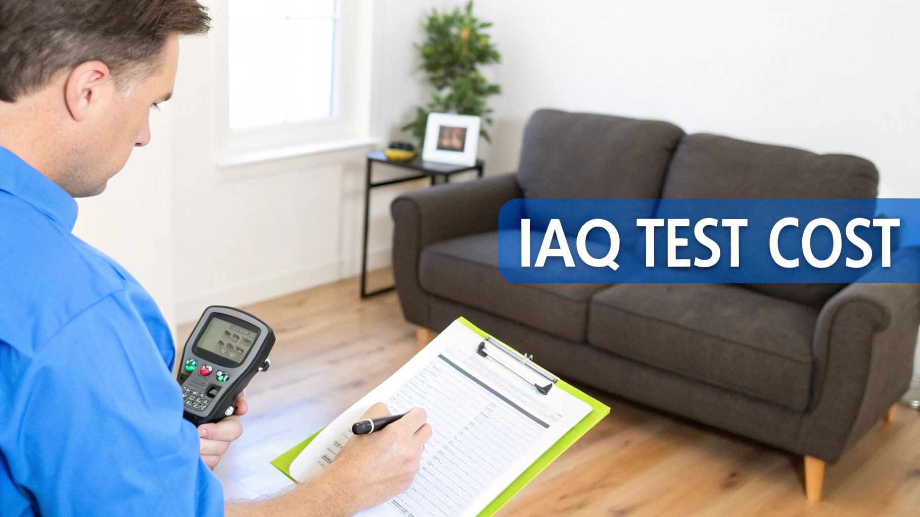 Professional technician conducting indoor air quality test in residential living room with measurement device