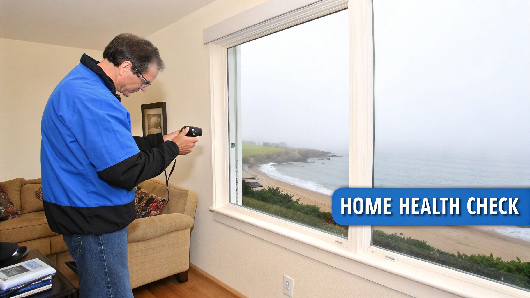 A man in a blue jacket holds a testing device by a window overlooking a beach, performing a home health check.
