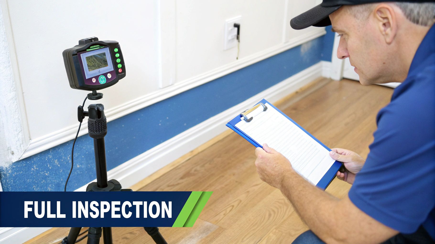 A technician performs a full inspection using an infrared camera and clipboard, checking a building wall for issues.