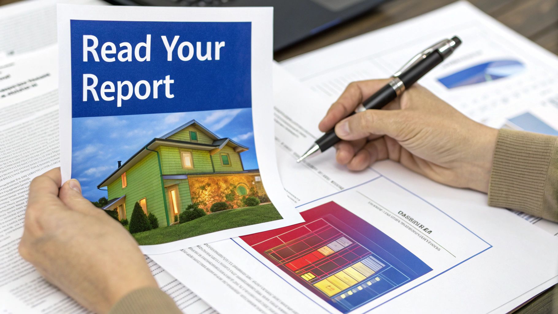 Person reviewing a house report titled 'Read Your Report' next to documents with charts and a pen.