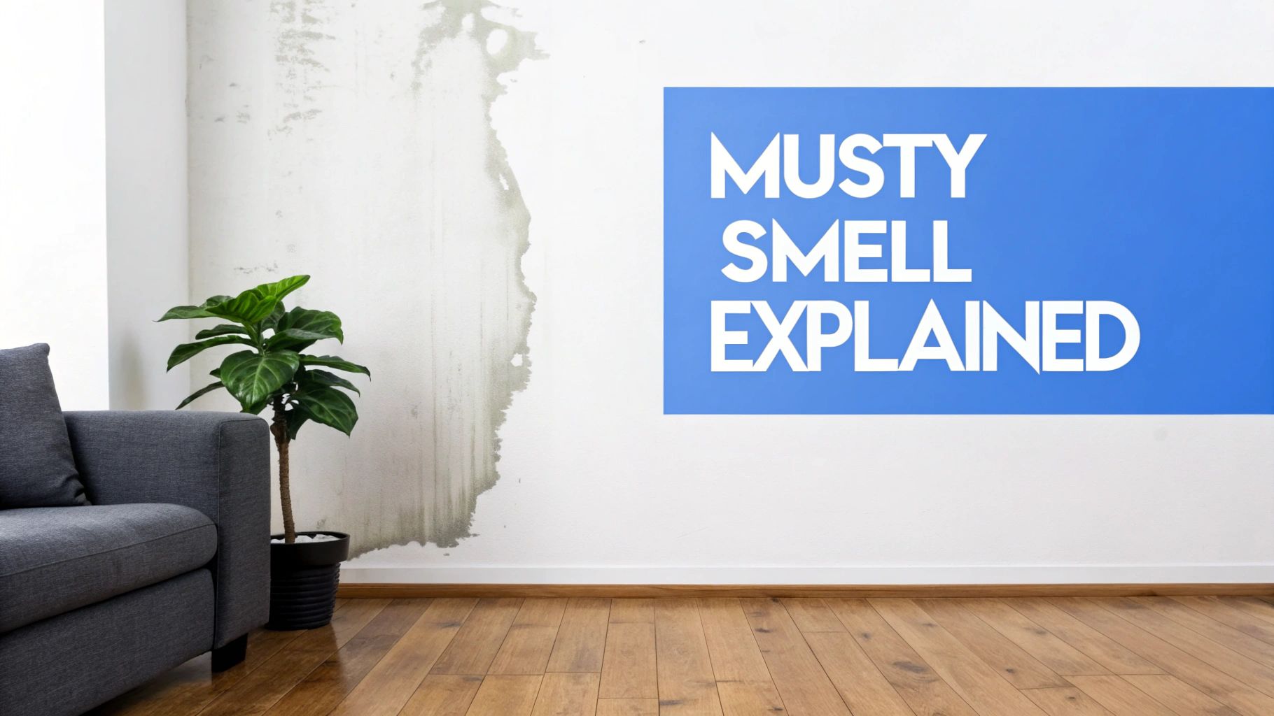 White wall showing severe mold or water damage, a plant, and text 'Musty Smell Explained'.