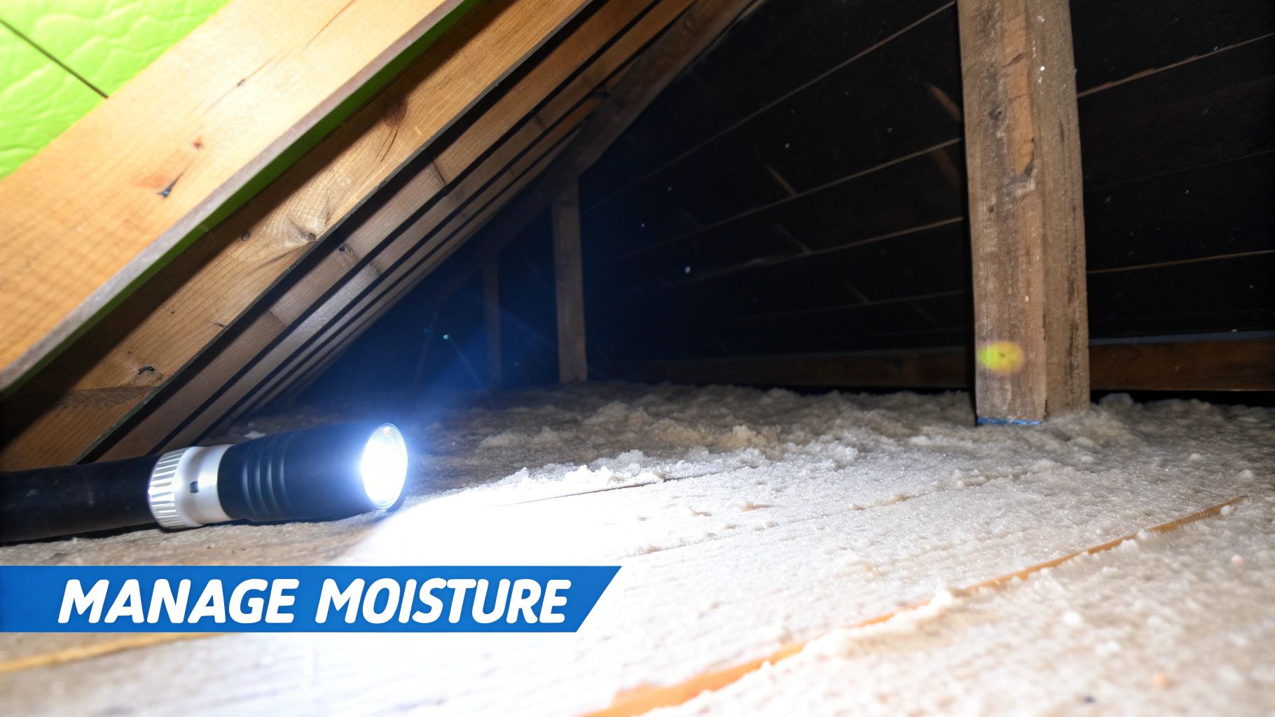 A flashlight illuminates fluffy white insulation in a dark attic with wooden beams and rafters.
