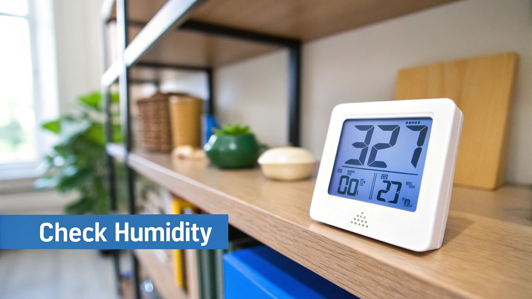 A white digital humidity and temperature meter displaying readings on a wooden shelf.
