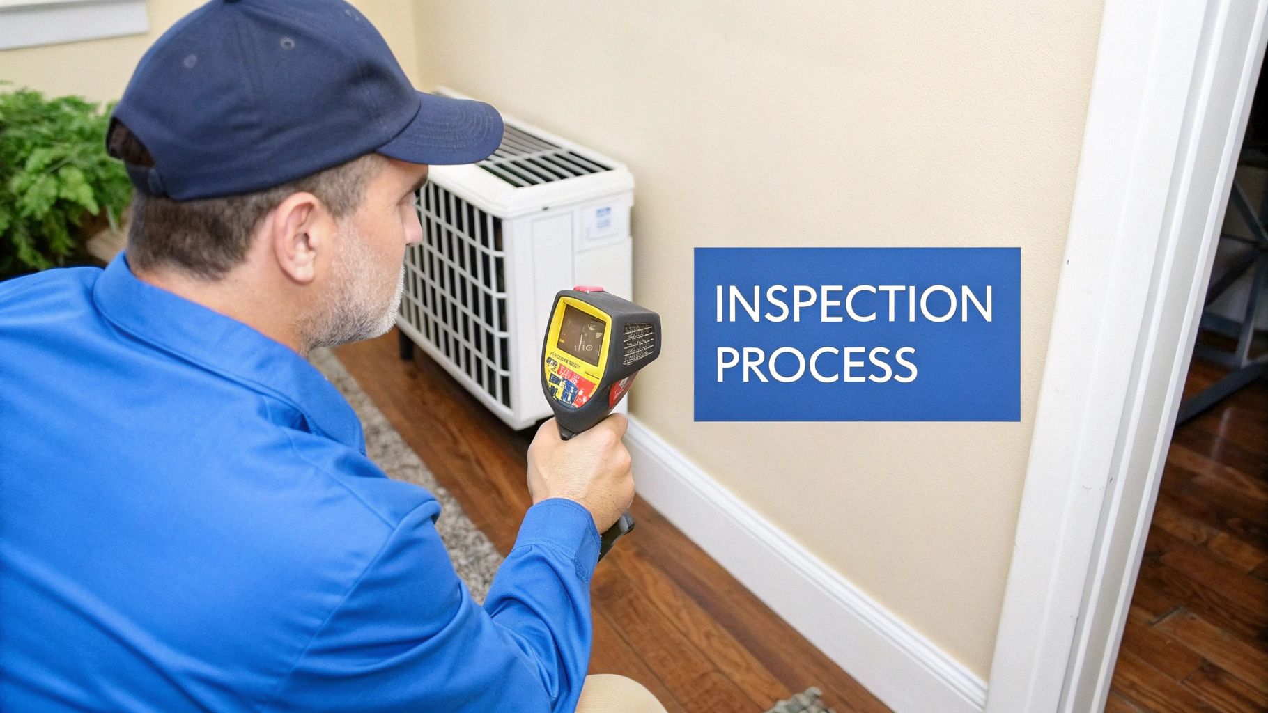 An inspector taking notes on a clipboard during an indoor air quality inspection in a modern kitchen.