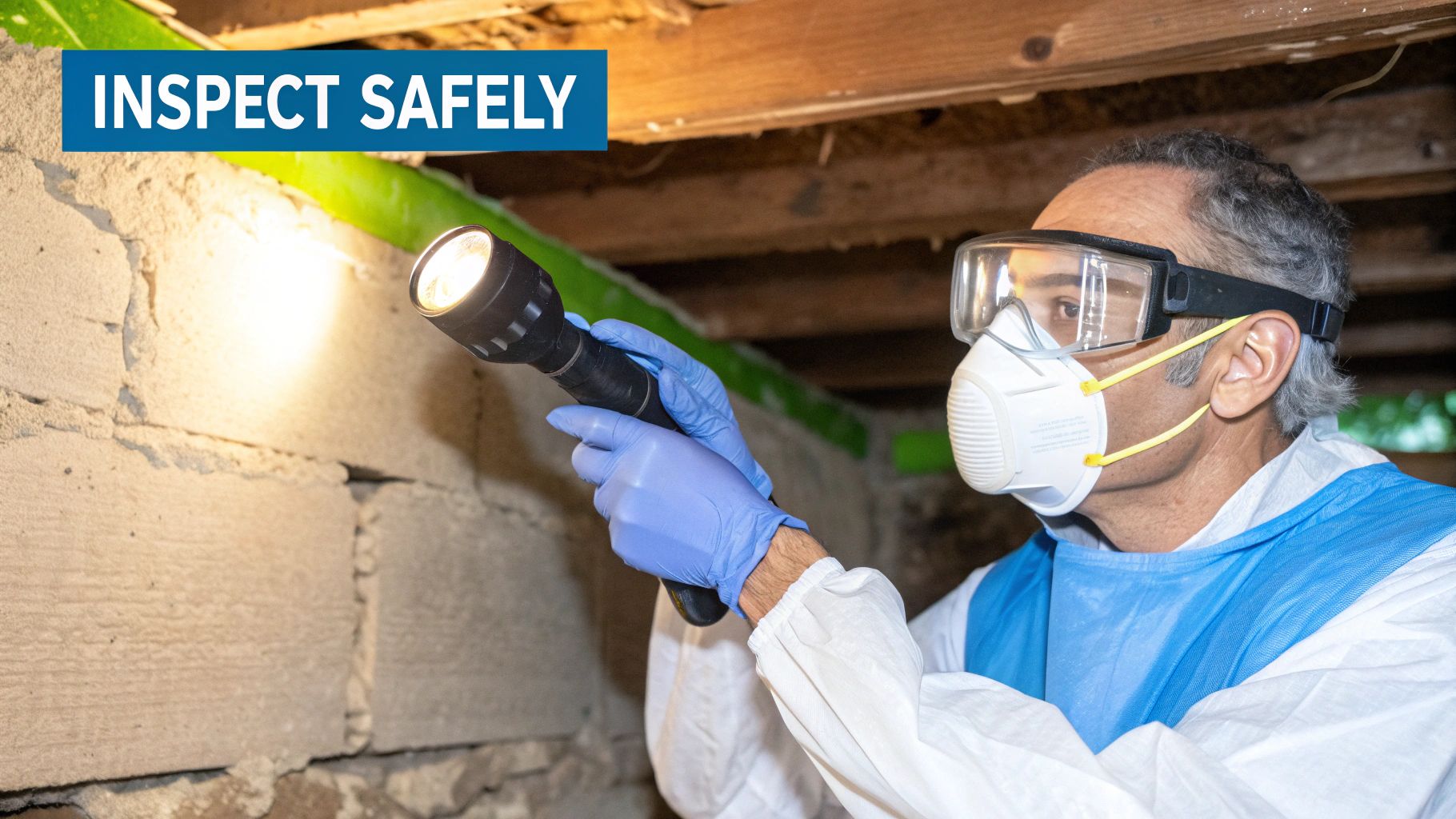 Man in protective gear inspecting a wall with a flashlight in a dark area.