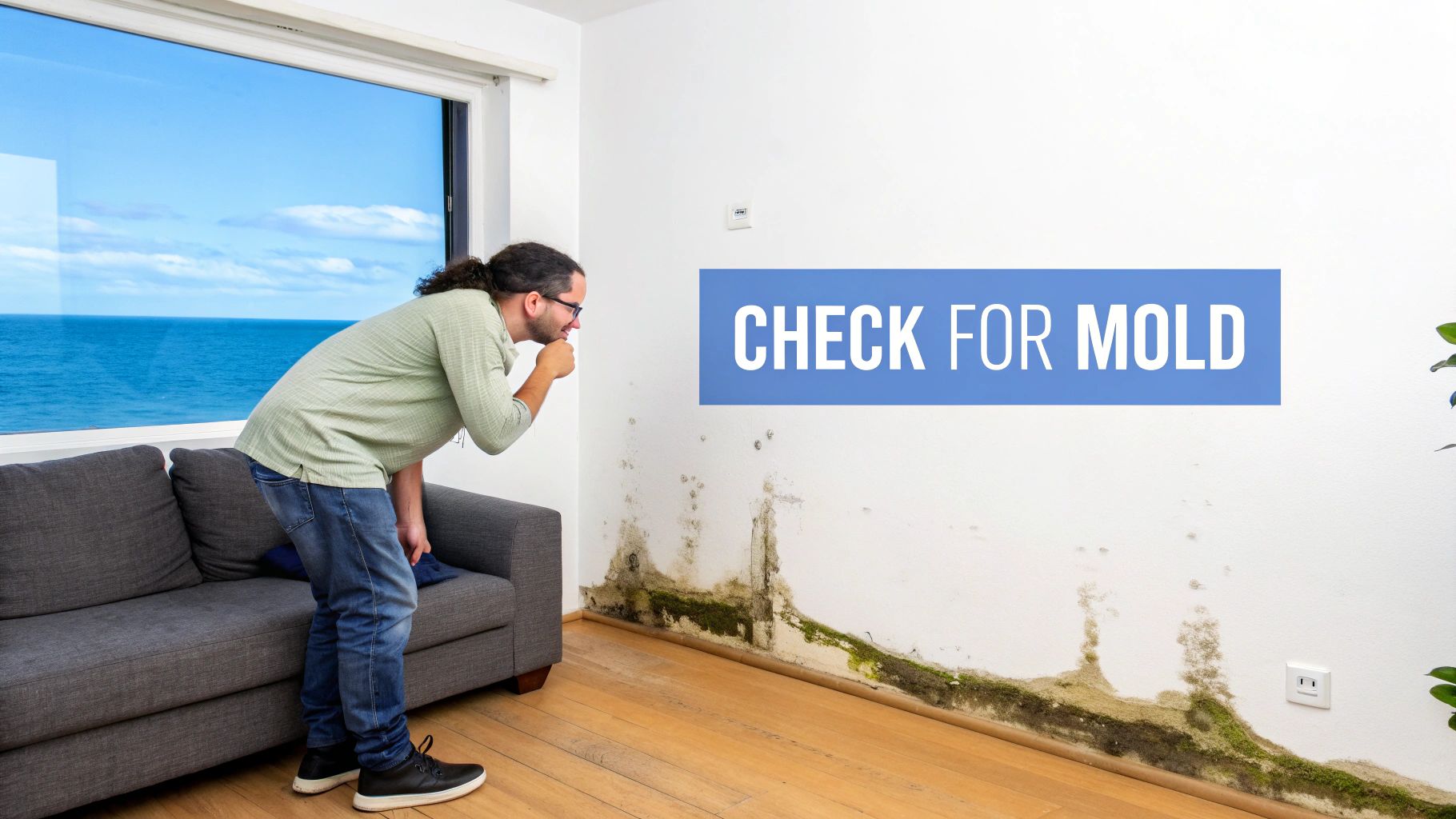 A man inspects a wall covered in extensive black and green mold, with text 'CHECK FOR MOLD'.