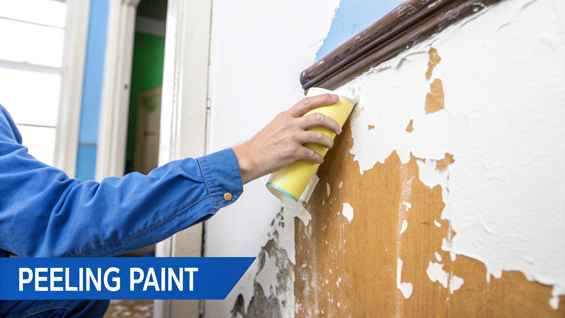 A person's hand in a blue shirt uses a yellow scraper to remove peeling white paint from a wall.