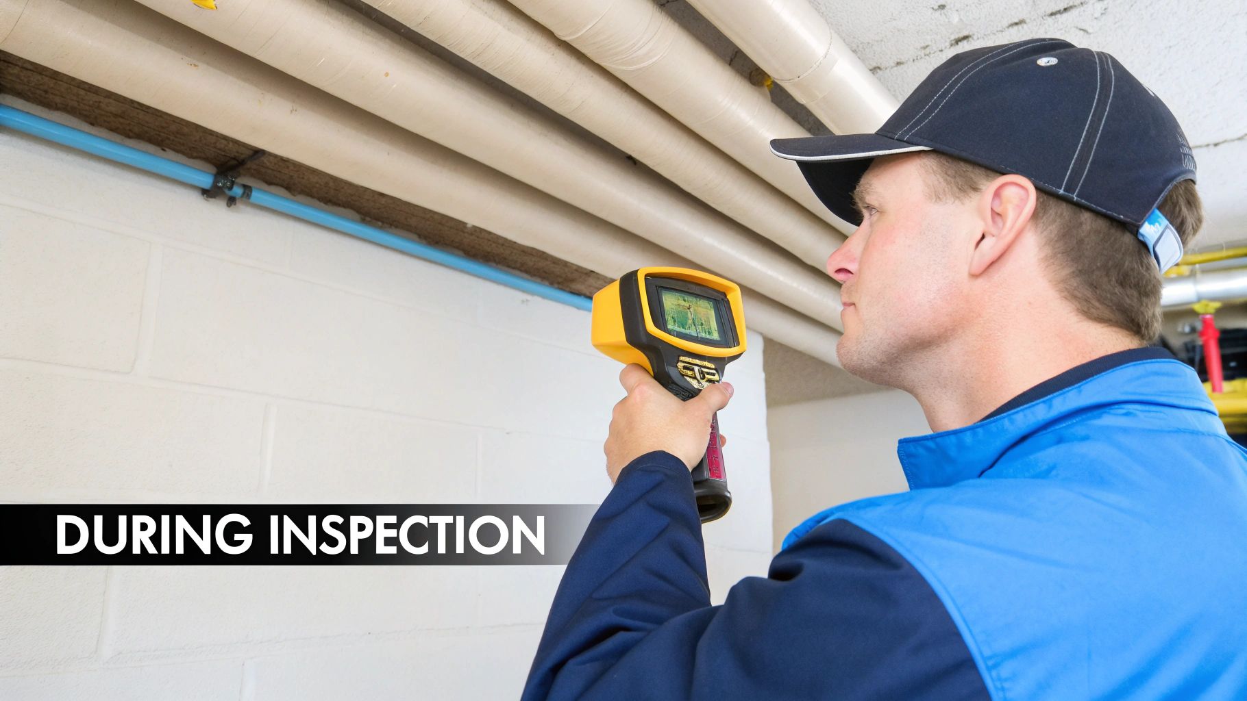 A technician uses a yellow thermal camera to inspect white pipes and a wall in a utility area.