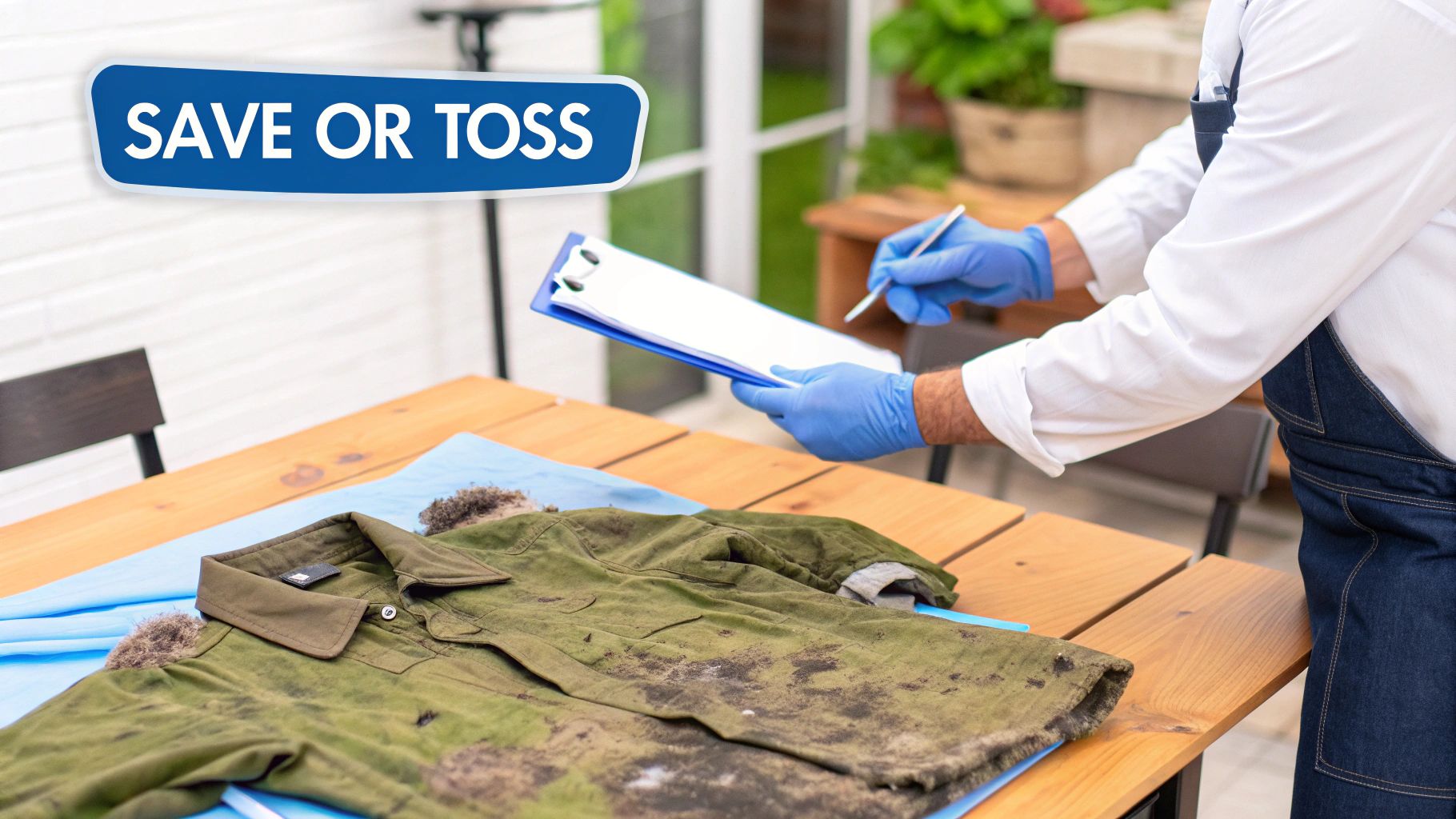 Professional inspector wearing gloves examining severely moldy green shirt on wooden table with clipboard