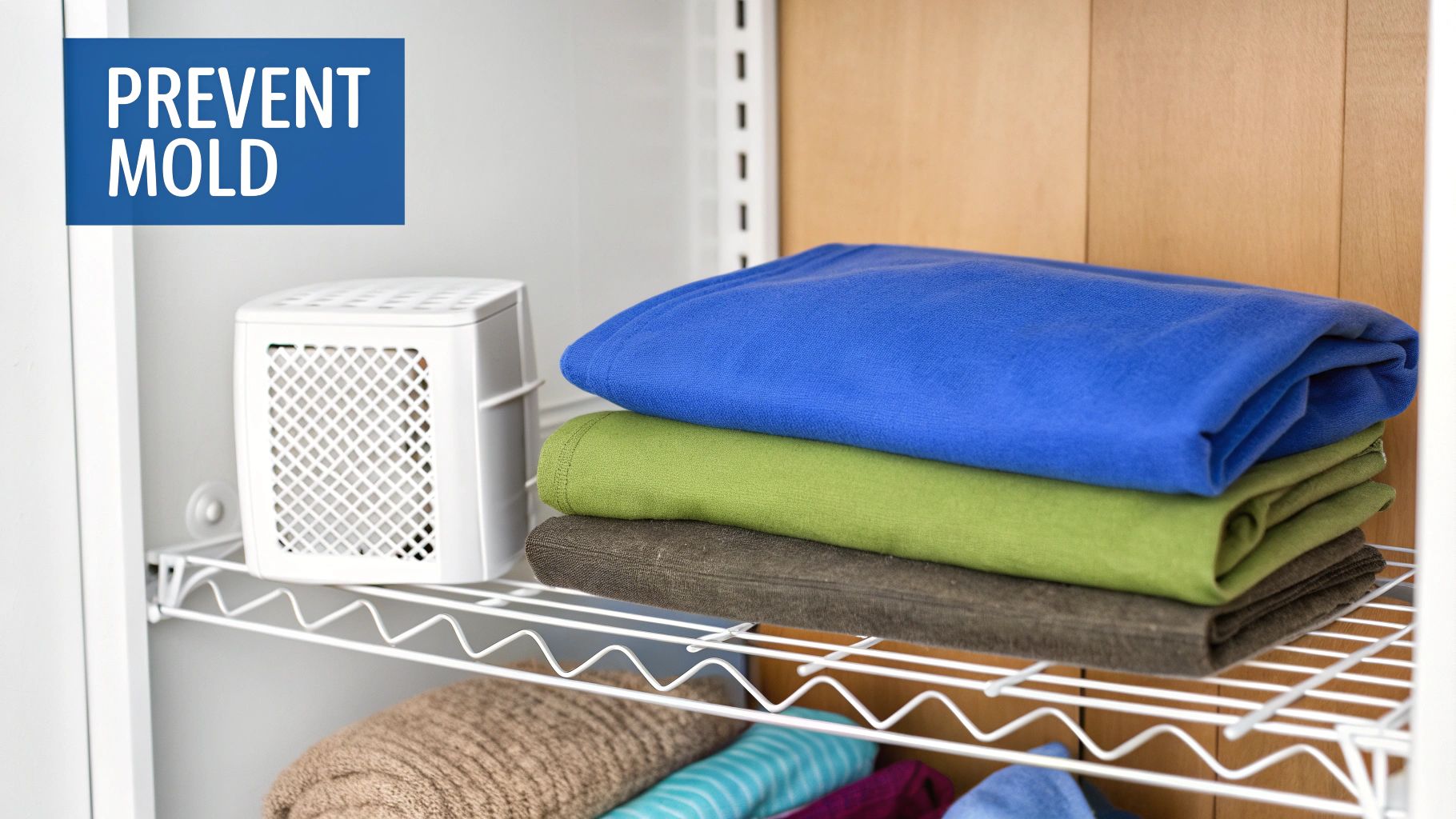 A white dehumidifier on a wire shelf in a closet with stacked folded clothes to prevent mold.
