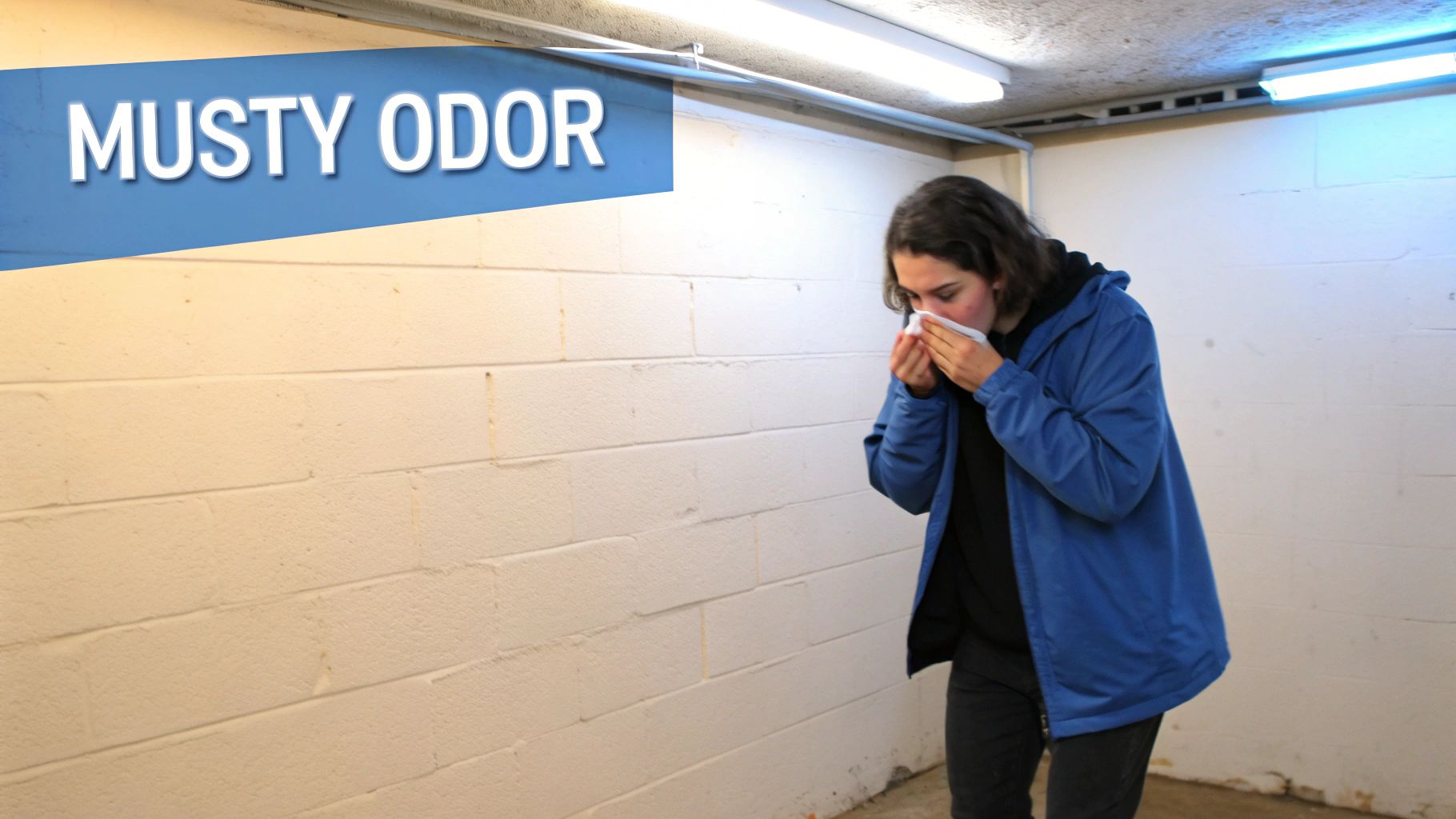 A person holds a tissue to their nose, bothered by a "MUSTY ODOR" in a basement-like room.