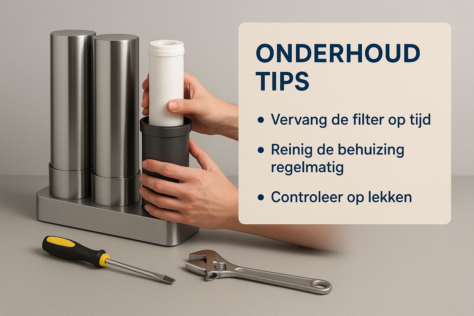 Infographic met tips voor het onderhoud van een drinkwaterfilter.