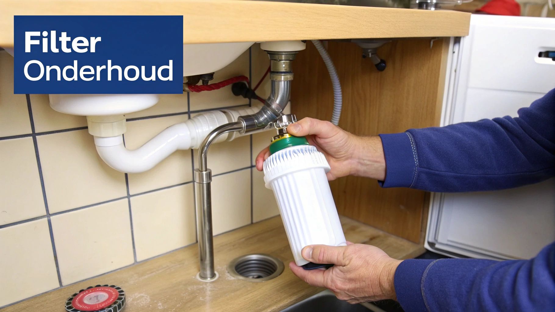 Vrouw vult een glas water uit een keukenkraan met een waterfilter