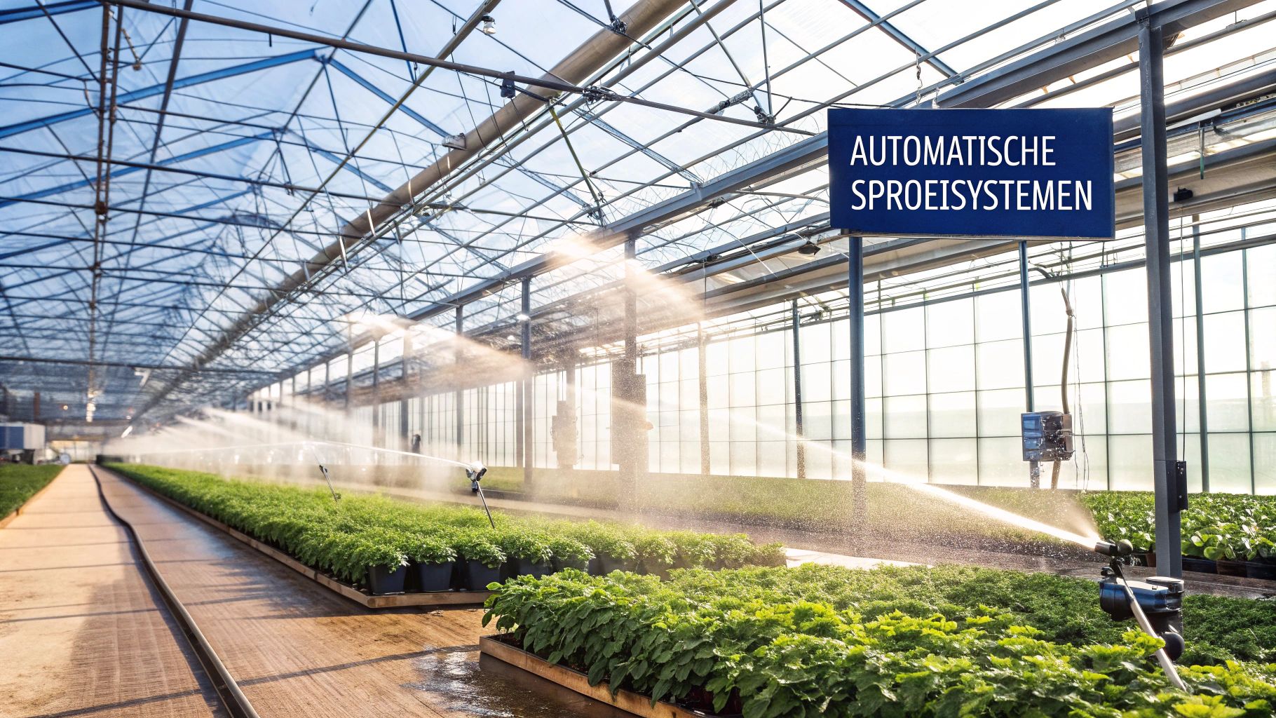 Een tuin wordt besproeid door een automatic spraying system
