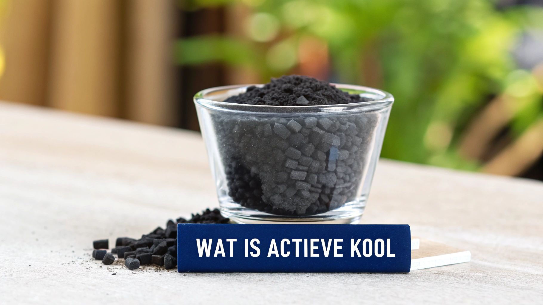 Zwarte actieve kool korrels en poeder op een witte achtergrond