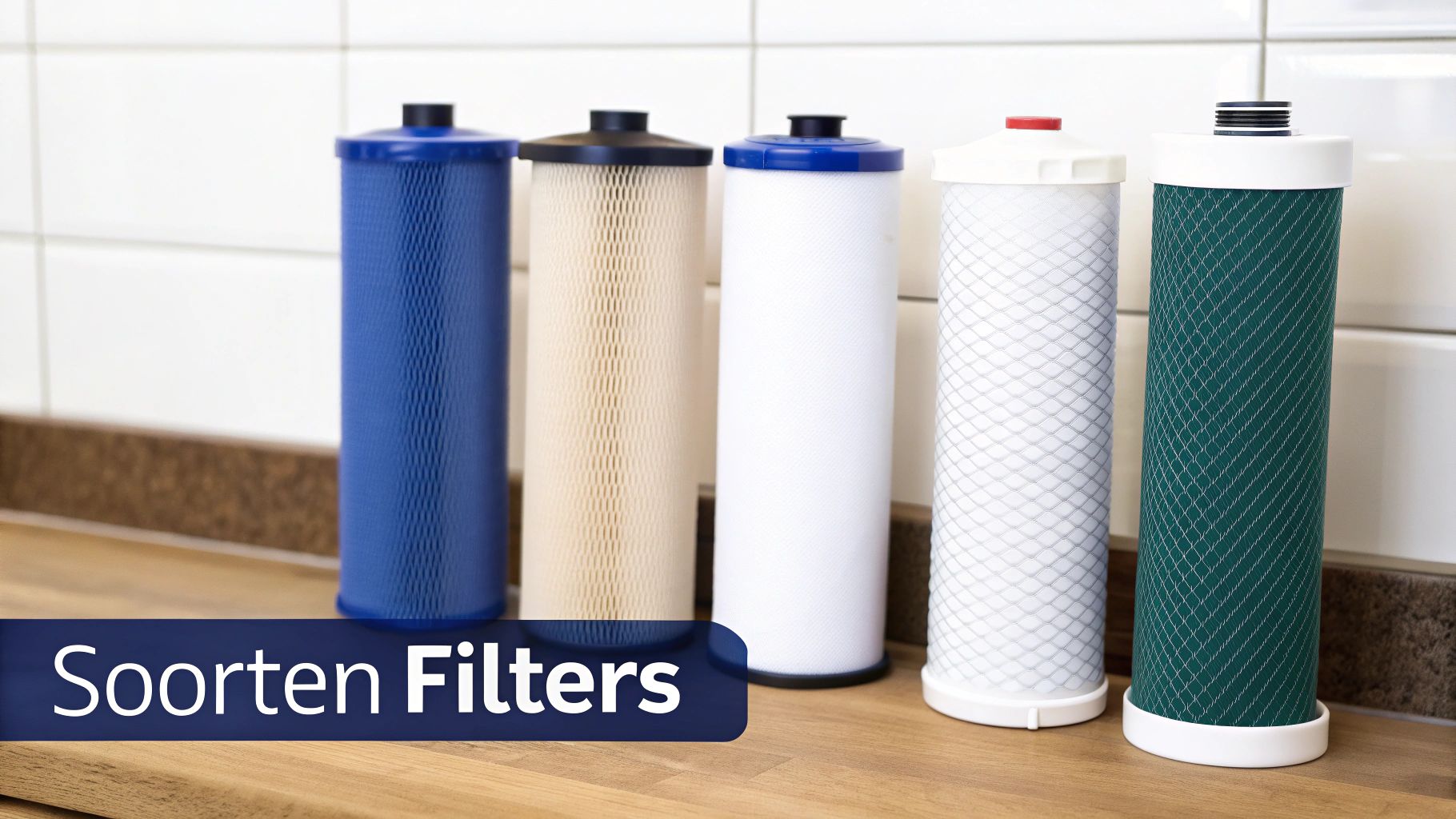 Een selectie van verschillende waterfilters, waaronder een kan, een kraanfilter en een ondergootsteensysteem